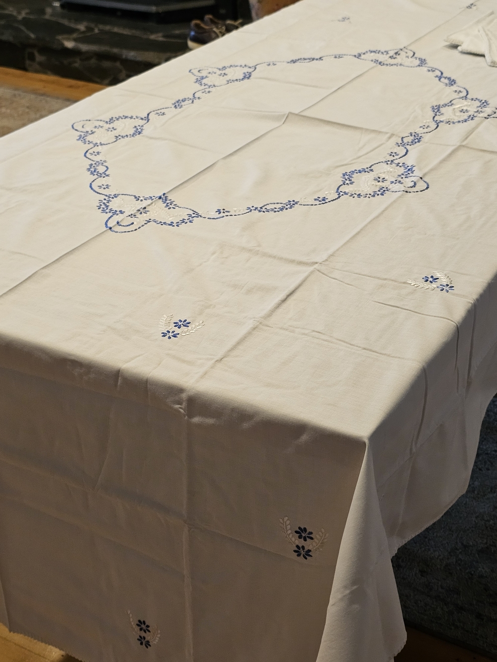Classic White Tablecloth with Blue Floral Embroidery